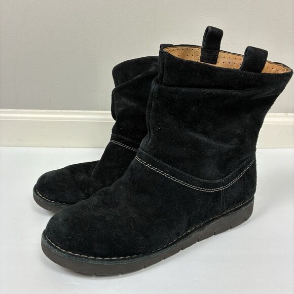 Clarks Unstructured Boots Ashburn Leather Suede Womens Sz 8 Black Short Slouchy - Picture 1 of 8